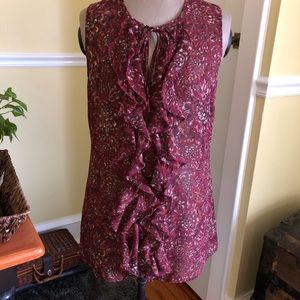 New York & Company sheer tunic length ruffled front boho sleeveless top …